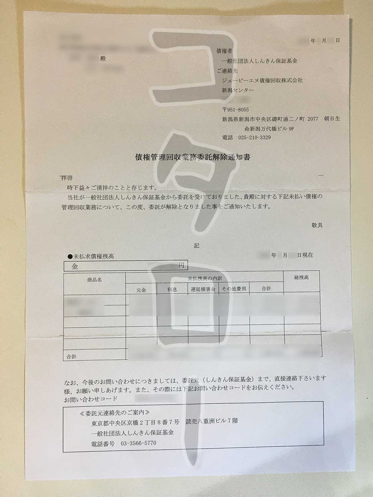 債権管理回収業務委託解除通知書