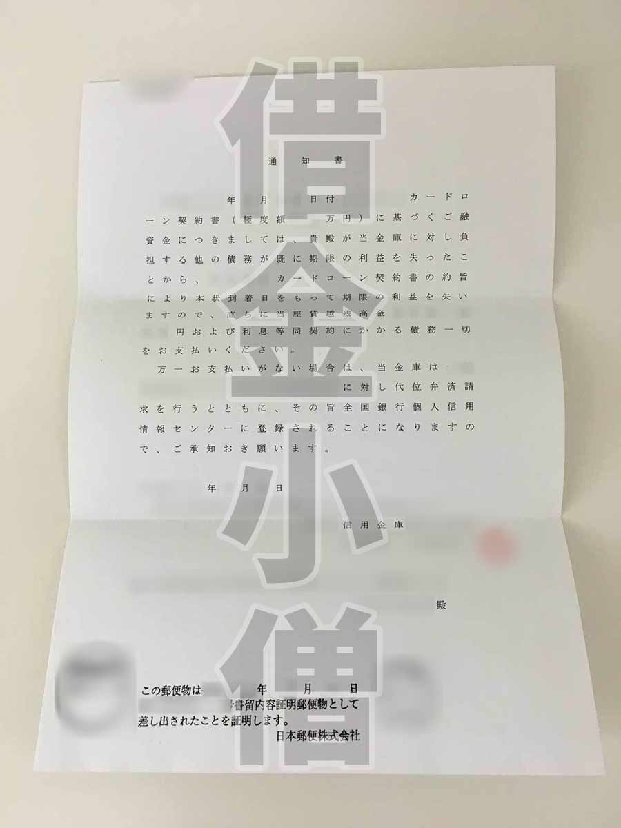 信金期限の利益の喪失通知書カード